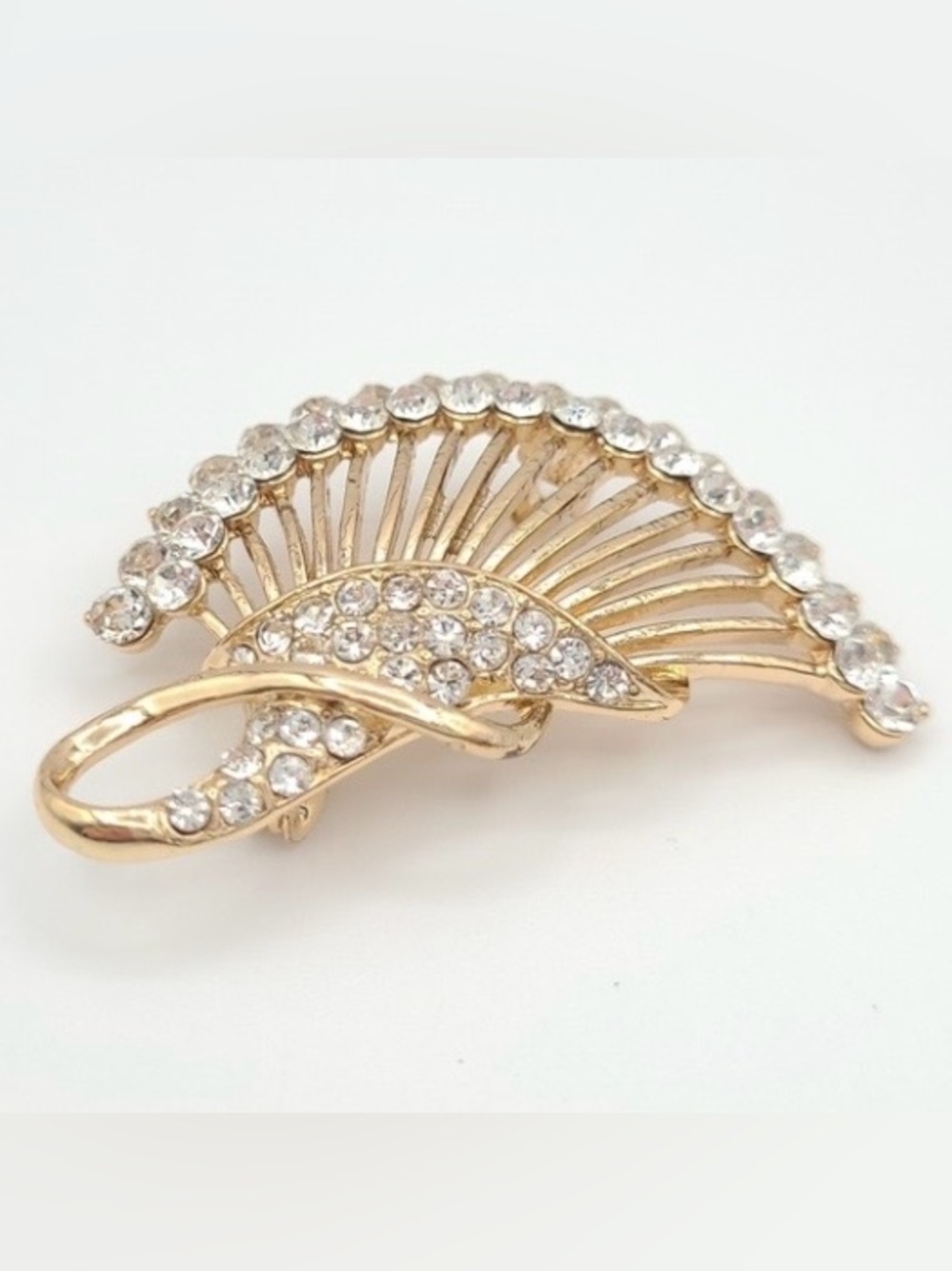Gold Tone Rhinestone Fan Brooch Vintage Glam Art Deco Style Pin